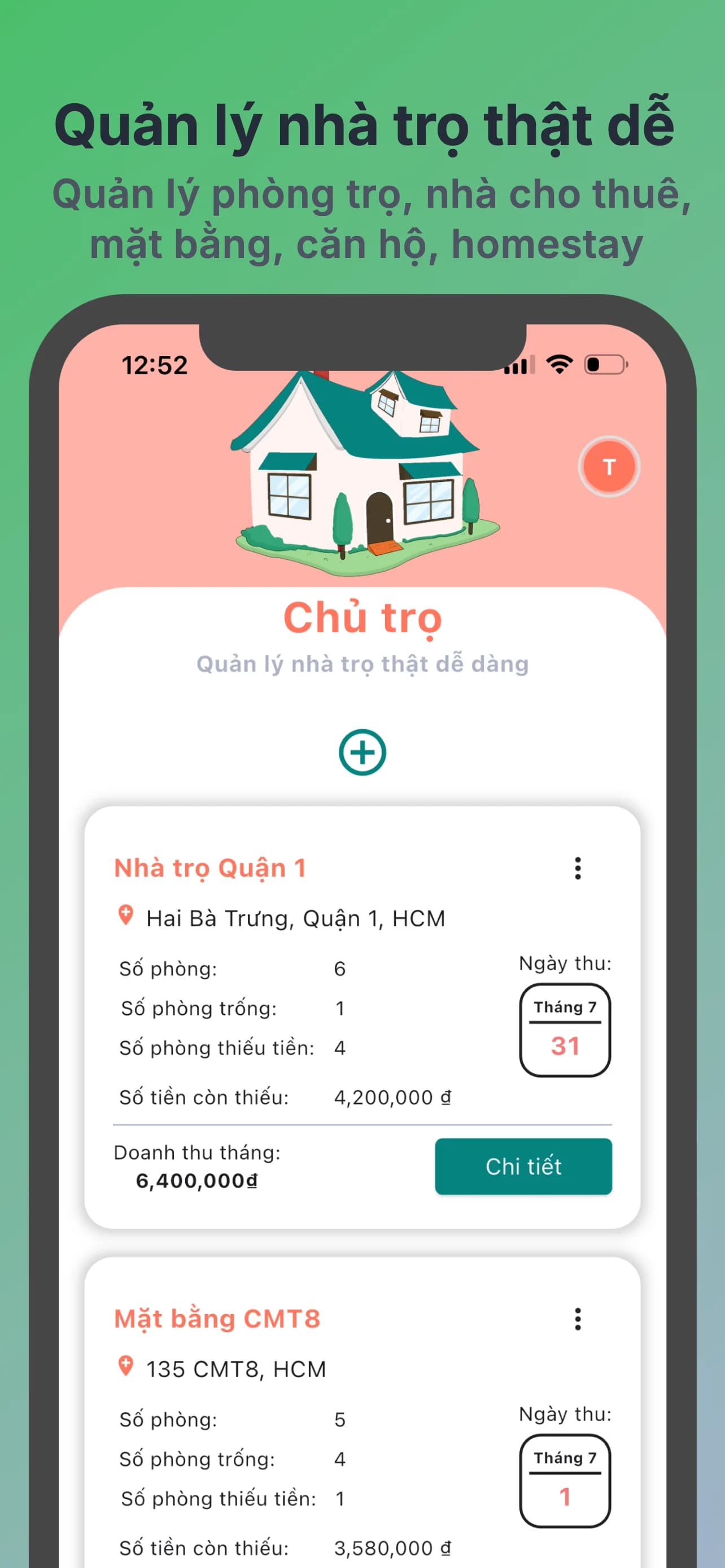 Màn hình Chủ Trọ quản lý danh sách nhiều nhà trọ và nhà cho thuê