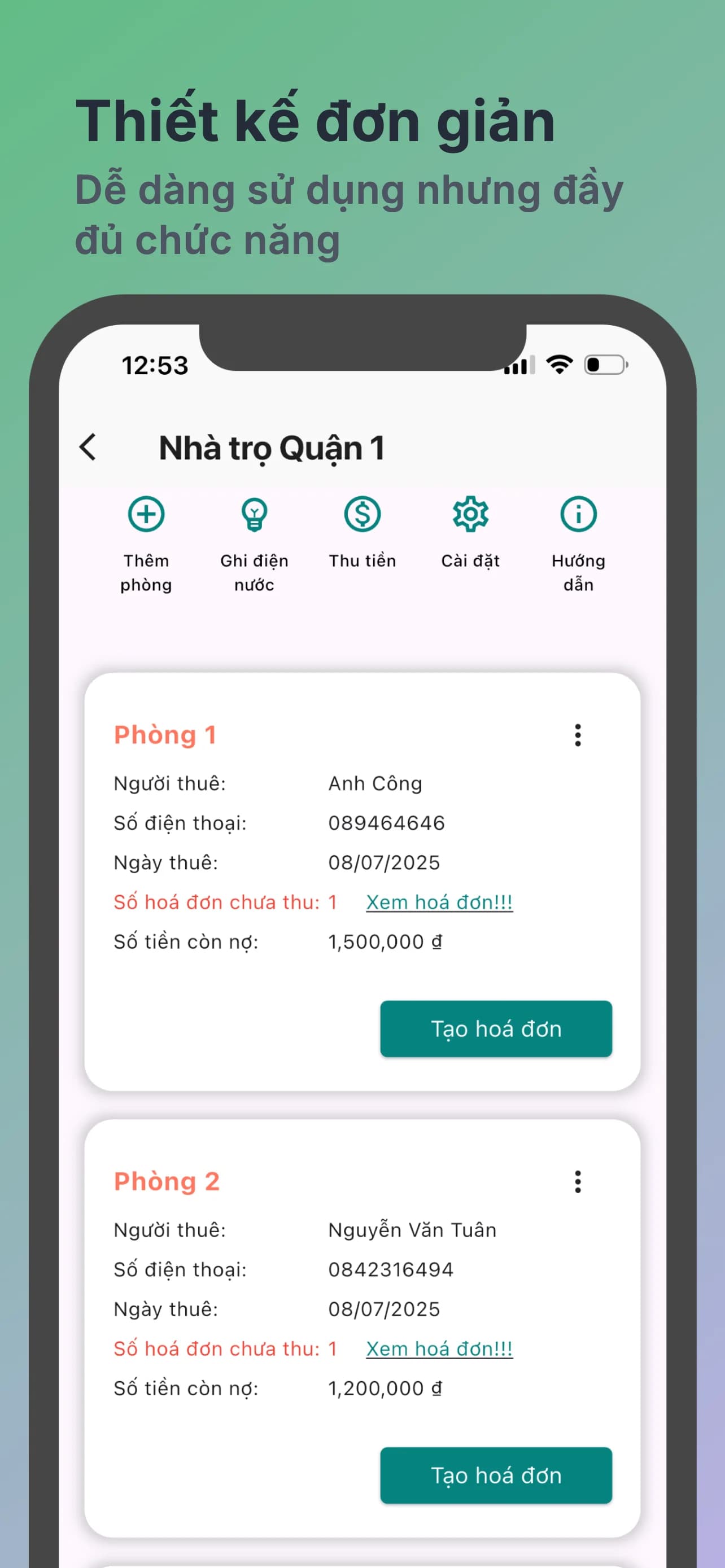 Màn hình Chủ Trọ hiển thị danh sách phòng thuê và thông tin người thuê