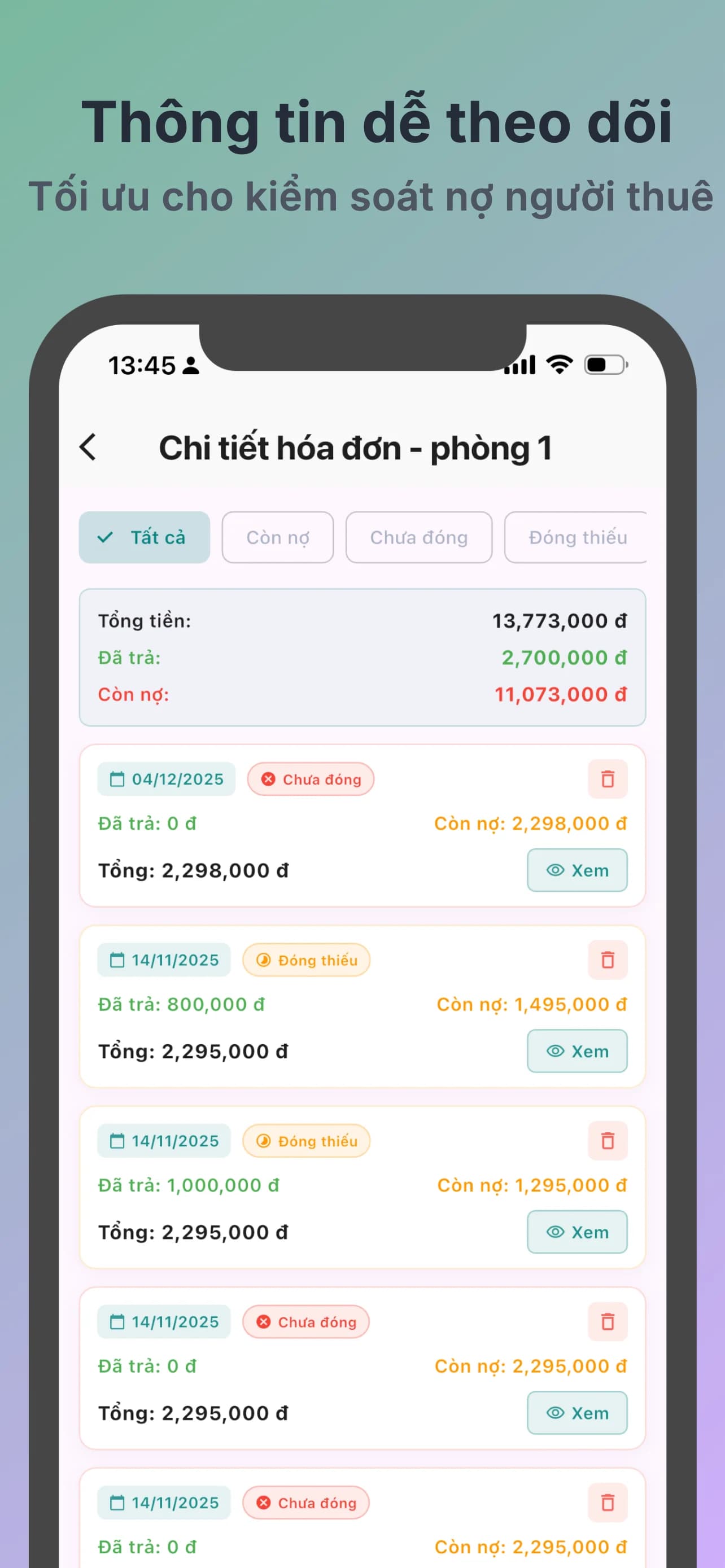 Màn hình Chủ Trọ theo dõi tiền trọ và tình trạng thanh toán theo từng phòng