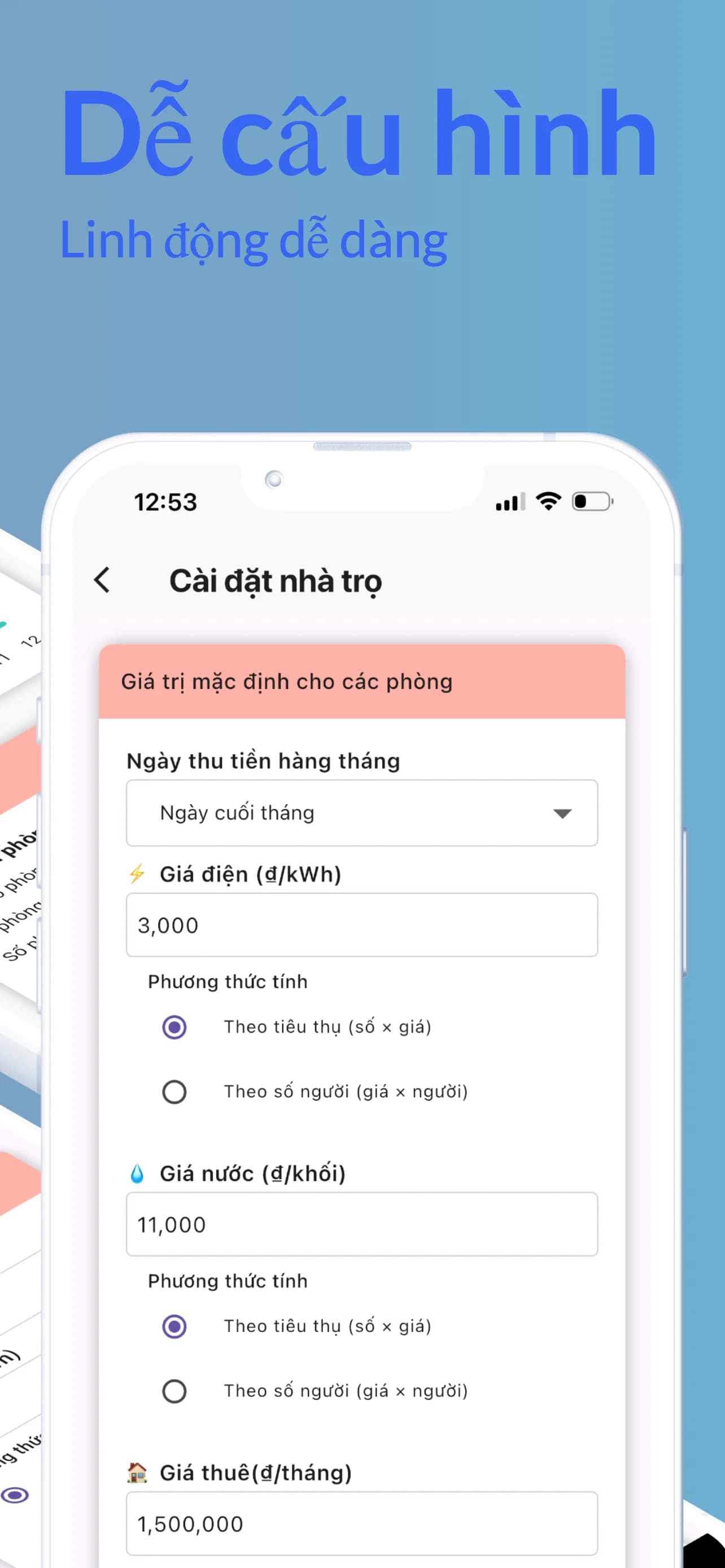 Màn hình Chủ Trọ cài đặt giá điện nước và phí dịch vụ cho nhà trọ