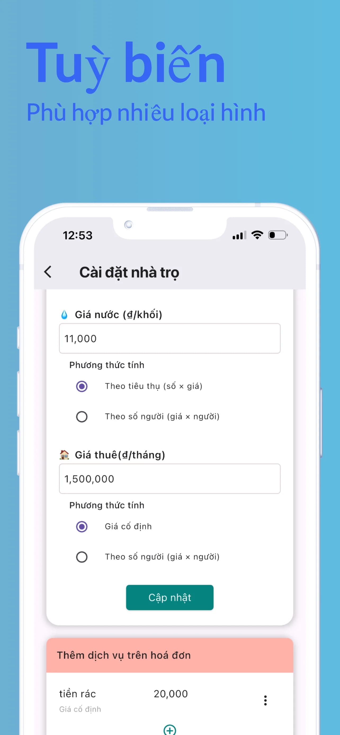 Màn hình Chủ Trọ thêm dịch vụ tính tiền cho nhà trọ