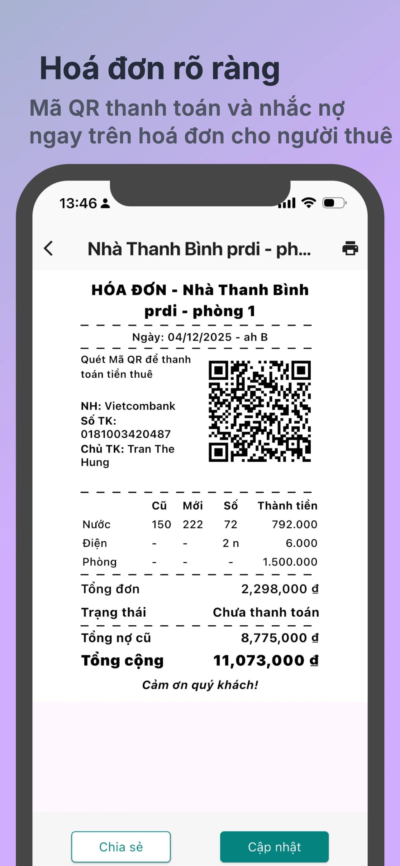 Hóa đơn tiền phòng trong ứng dụng Chủ Trọ