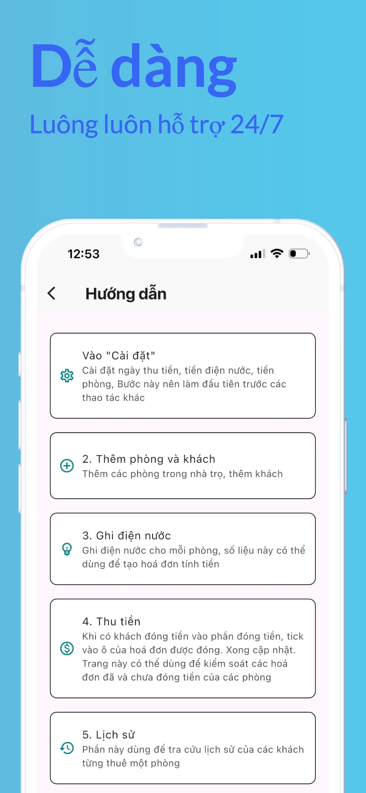 Màn hình hướng dẫn sử dụng trong ứng dụng Chủ Trọ