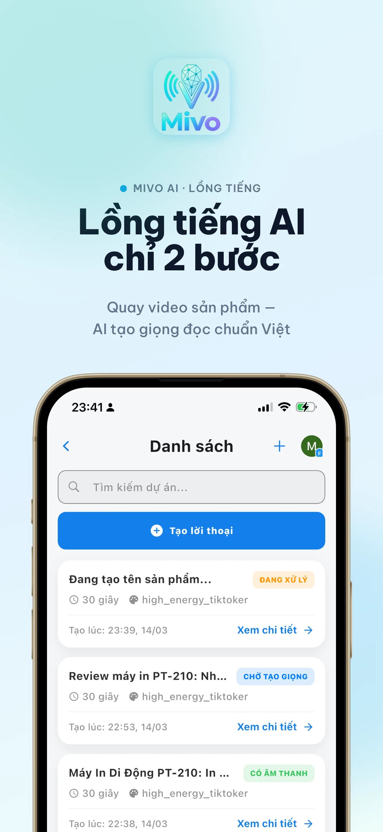 Màn hình danh sách dự án video lồng tiếng AI trong ứng dụng Mivo