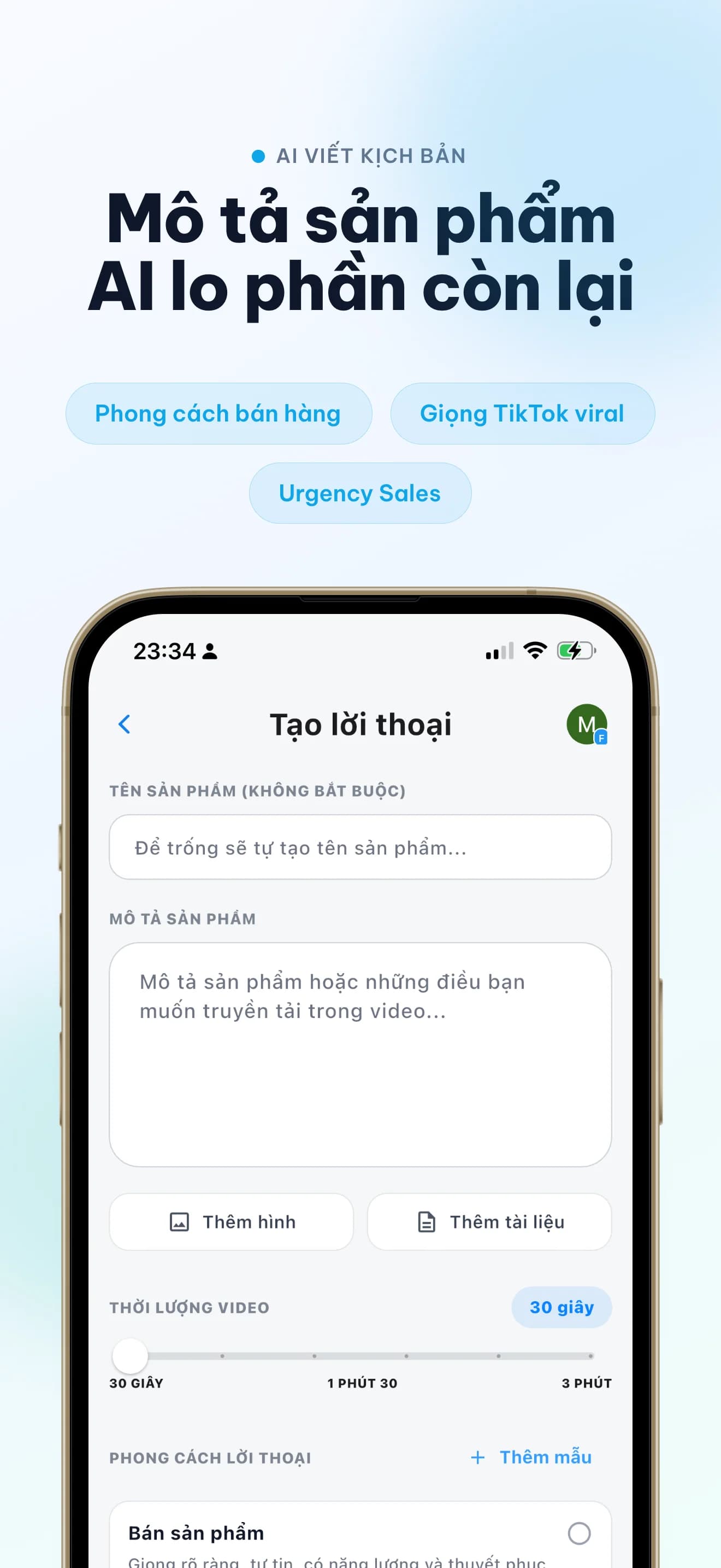 Màn hình Mivo AI tạo lời thoại giới thiệu sản phẩm cho video bán hàng