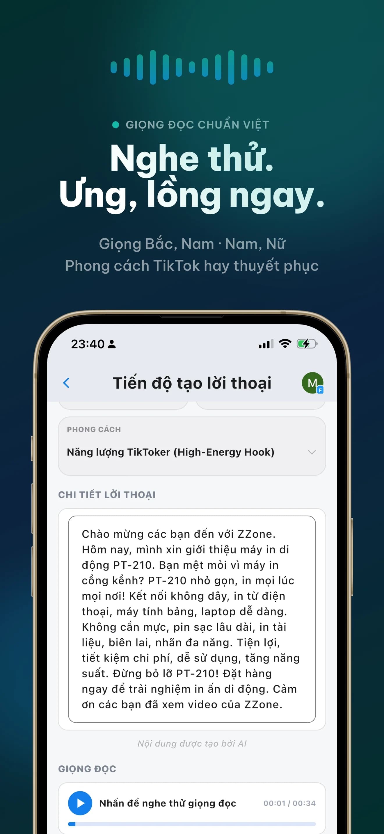 Màn hình Mivo chọn và nghe thử giọng đọc AI cho lời thoại video
