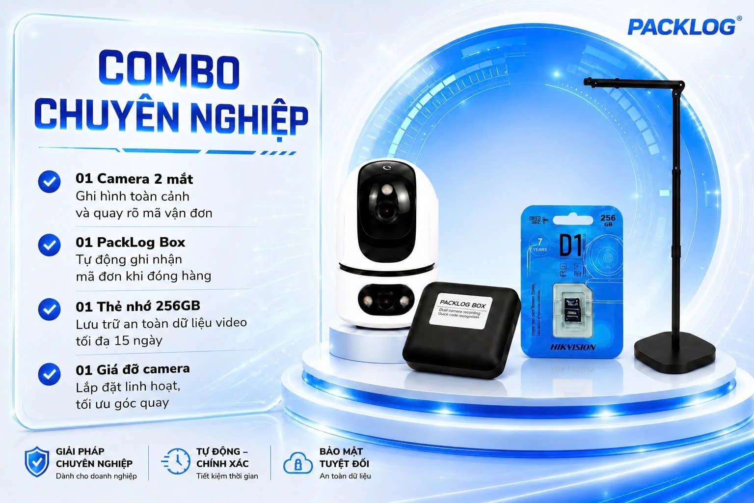 Bộ thiết bị Packlog gồm camera hai mắt, Packlog Box, thẻ nhớ 256 GB và giá đỡ camera