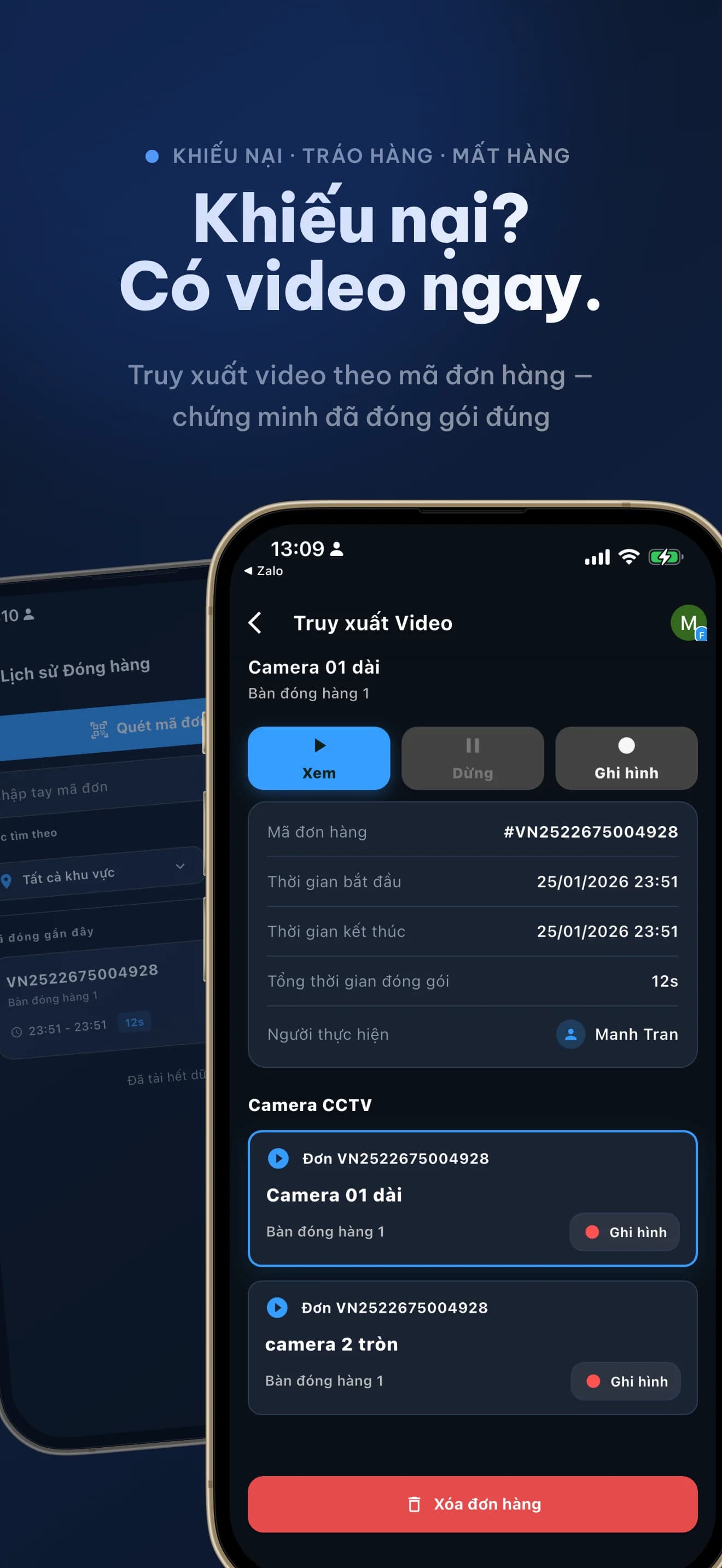 Màn hình Packlog truy xuất video đóng hàng để xử lý khiếu nại