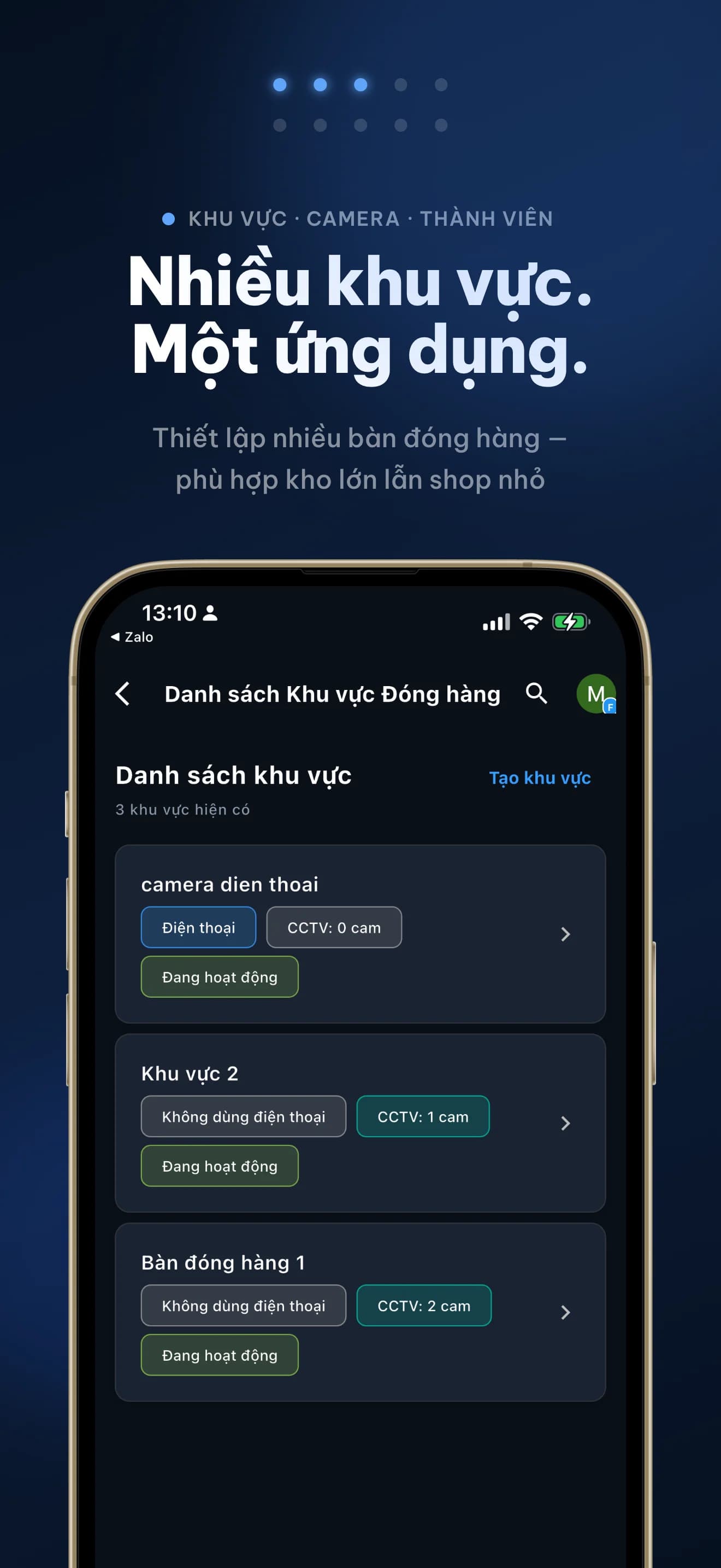 Packlog quản lý nhiều khu vực và bàn đóng hàng trong cùng ứng dụng